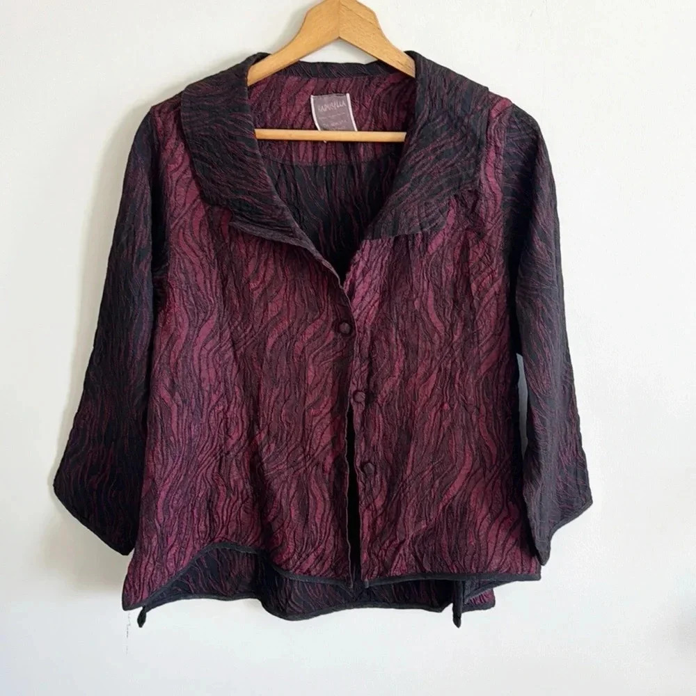 Harubella maroon and black textured swirl print cardigan jacket top size M